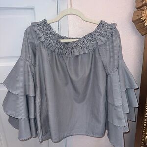 Aqua‎ Blue Ruffled 3/4 Sleeve Blouse